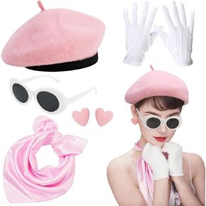 XEPST 6PCS French Women set - 50s Fancy Dress for Women with French Beret Hat Sunglasses Scarf Gloves Earrings French Costume Kit for Women Halloween Costume Cosplay Carnival Fancy Dress Up, Lightpink