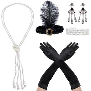 1920s Flapper Accessories Gatsby Costume Set for Women Roaring 20s Flapper Headpiece Pearl Necklace Bracelet Gloves