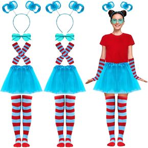 10 Pcs Halloween Costume Accessories Include Womens Tulle Tutu Ponytail Headband Striped Socks Stretchy Gloves Cyan