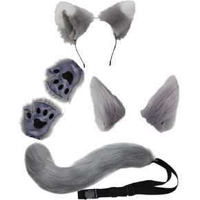 Wolf Fox Tail Clip Ears and Gloves Set ，Wolf Fox Costume Set Halloween Christmas Party Costume Gift for Women，Party Supplies Halloween Wolf Dress Up Grey