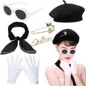 XEPST 6PCS French Women Set - 50s Fancy Dress for Women with French Beret Sunglasses Scarf Gloves Brooches French Artist Mime Kit for Women Halloween Costumes Cosplay Carnival Fancy Dress Up, Black