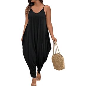 OYOANGLE Women's Plus Size Spaghetti Strap V Neck Harem Jumpsuits Sleeveless Long Pants Romper
