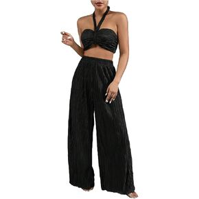 OYOANGLE Women's 2 Piece Outfits Elegant Sleeveless Tie Backless Halter Crop Top and Elastic Waist Wide Leg Pants Set