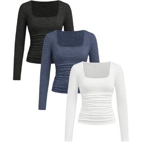Girl's 3 Pack Long Sleeve Shirts Square Neck Slim Fit Ruched T Shirt Casual Basic Tees Fall Tops