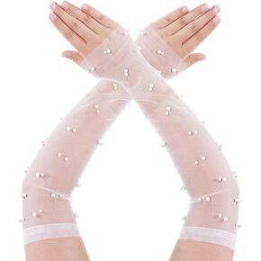 Nydotd Long Lace Gloves Wedding Tulle Gloves with Pearl Bridal Arm Sleeves Fingerless Opera Gloves for Women Halloween