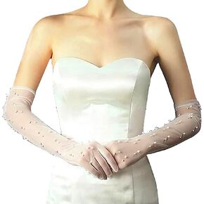 Women Sheer Long Tulle Gloves with Pearl White Mesh Wedding Bridal Gloves Lace Elbow Length Gloves for Prom 20s Opera Halloween Costume Party Dance