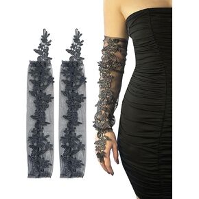Fingerless Gloves Embroidery Long Lace Mesh Wedding Bride Gloves Tulle Sheer Elbow Gloves Opera for Prom Dance 1980s Costume (black, One size)
