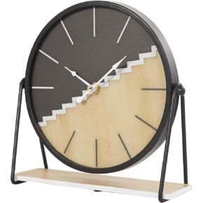 Deco 79 Wooden Geometric Decorative Clock Mantel Clock with Brown Wood Accents, Tabletop Clock 9" x 3" x 9", Black