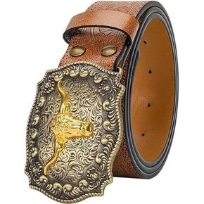 Cow-Head Buckle Western Cowboy Retro Belt, Floral Engraved Leather Cowgirl Belt for Jeans Pants