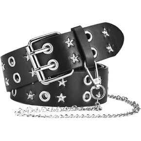 Punk Star Belts Hip Hop Black Belt Double Prong Buckle Belt with Detachable Chain for Women