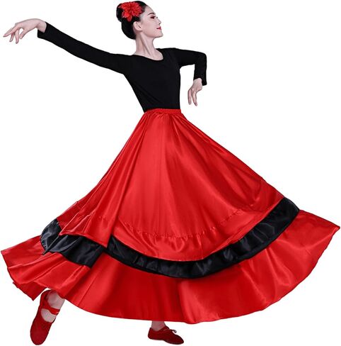 Womens Satin Full Circle Long Ruffle Flowy Belly Dance Skirt Costume for Spanish Bull Folkloric Mexican Flamenco Dancing in Kuwait