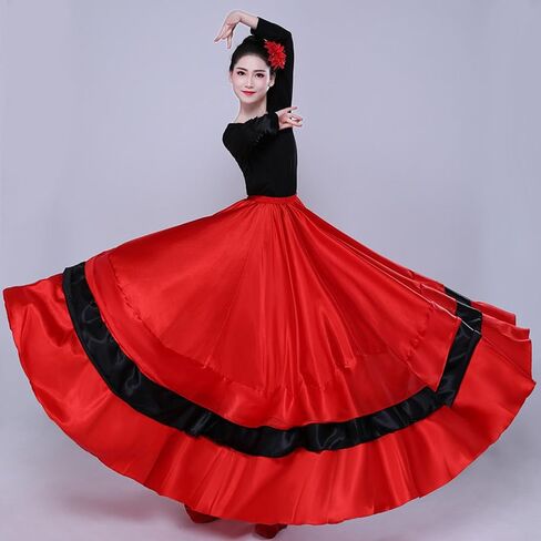Womens Satin Full Circle Long Ruffle Flowy Belly Dance Skirt Costume for Spanish Bull Folkloric Mexican Flamenco Dancing in Kuwait