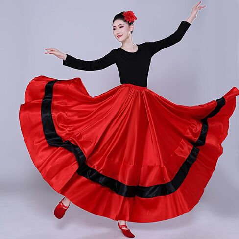 Womens Satin Full Circle Long Ruffle Flowy Belly Dance Skirt Costume for Spanish Bull Folkloric Mexican Flamenco Dancing in Kuwait