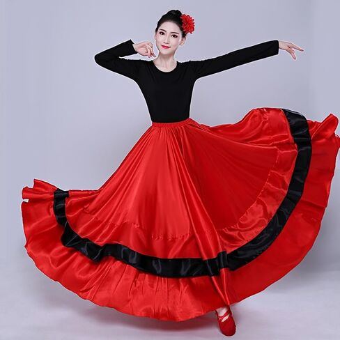 Womens Satin Full Circle Long Ruffle Flowy Belly Dance Skirt Costume for Spanish Bull Folkloric Mexican Flamenco Dancing in Kuwait