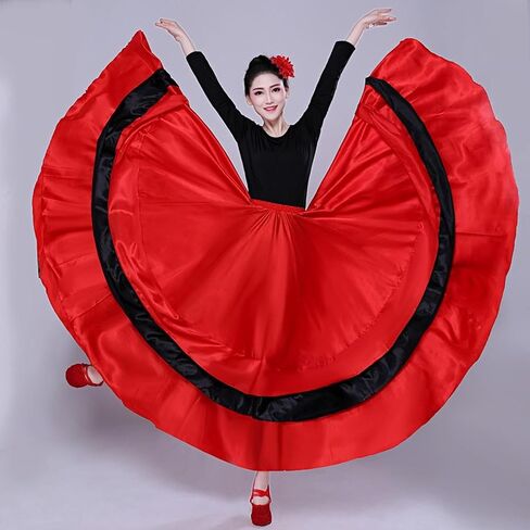 Womens Satin Full Circle Long Ruffle Flowy Belly Dance Skirt Costume for Spanish Bull Folkloric Mexican Flamenco Dancing in Kuwait