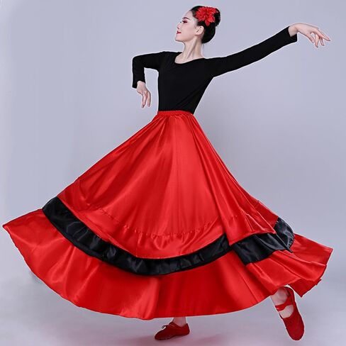 Womens Satin Full Circle Long Ruffle Flowy Belly Dance Skirt Costume for Spanish Bull Folkloric Mexican Flamenco Dancing in Kuwait