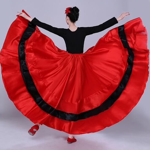 Womens Satin Full Circle Long Ruffle Flowy Belly Dance Skirt Costume for Spanish Bull Folkloric Mexican Flamenco Dancing in Kuwait