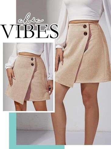 Ezcosplay Women High Waisted Faux Suede Mini Skirt Button Front Asymmetrical Hem A Line Short Skirt in Saudi Arabia
