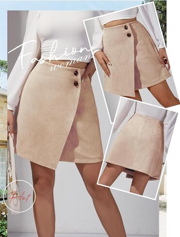 Ezcosplay Women High Waisted Faux Suede Mini Skirt Button Front Asymmetrical Hem A Line Short Skirt in Saudi Arabia