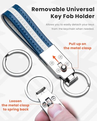 Handmade Leather Keychain for Men, Key Chains for Car Keys, Quick Release, 100% Italian Premium Leather, Blue & White in Kuwait