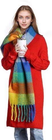 وشاح مكتنز ملون كبير سميك منقوش وشاح طويل شرابة وشاح كبير الحجم للنساء للطقس البارد الدافئ in Kuwait