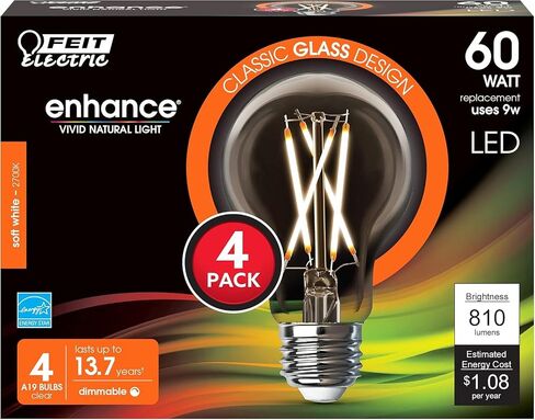 Feit Electric LED Clear A19 Medium Base Light Bulb - 40W Equivalent - 15 Year Life - 450 Lumen - 2700K Soft White - Dimmable | 4-Pack in Kuwait