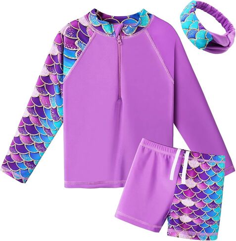 BAOHULU Girls Rash Guard 3 Pieces Swimsuit Long Sleeve Bathing Suit UPF 50+ Beach Swimwear 5-12 Years with Matching Headband in Kuwait