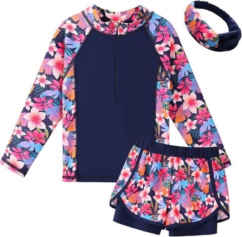 BAOHULU Girls Rash Guard 3 Pieces Swimsuit Long Sleeve Bathing Suit UPF 50+ Beach Swimwear 5-12 Years with Matching Headband in Kuwait