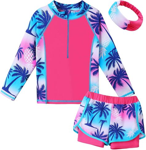 BAOHULU Girls Rash Guard 3 Pieces Swimsuit Long Sleeve Bathing Suit UPF 50+ Beach Swimwear 5-12 Years with Matching Headband in Kuwait