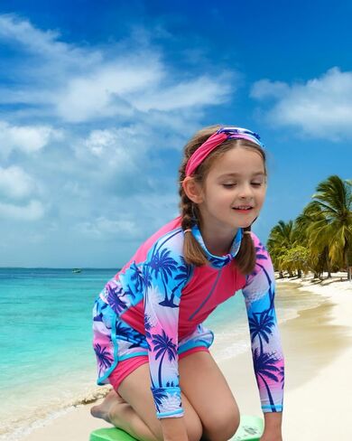 BAOHULU Girls Rash Guard 3 Pieces Swimsuit Long Sleeve Bathing Suit UPF 50+ Beach Swimwear 5-12 Years with Matching Headband in Kuwait