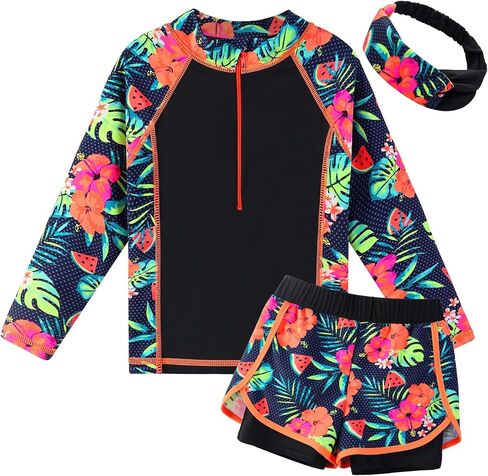 BAOHULU Girls Rash Guard 3 Pieces Swimsuit Long Sleeve Bathing Suit UPF 50+ Beach Swimwear 5-12 Years with Matching Headband in Kuwait