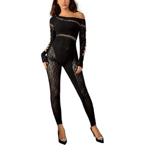 Women Sexy Clubwear Long Sleeve Off-shoulder Leopard Sexy Outfit Studded Pearl BodySuit Cut Out Jumpsuit