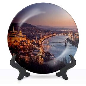Decorative Plates Cityscape of Budapest Hungary at Night Day Wall Decor Ceramic Ornament with Display Stand and Hook Up for Festival, Parties, Wedding 8", Collector Plate