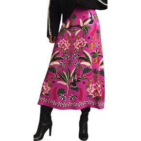Women's Floral Printed Midi Skirt Casual High Waist Zipper A Line Vintage Long Boho Skirt Dress