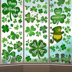St. Patricks Day Window Clings, Double Sided Green Shamrock St. Patrick's Day Window Stickers, Spring Window Decals for St Patricks Day Window Decorations for Party School Home Office Décor(8 Sheets)