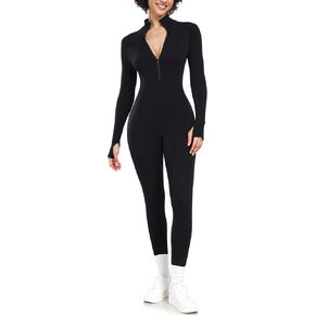 Little Donkey Andy Women's Long Sleeve Ribbed Jumpsuit Zip Up Front Workout Bodycon Romper, Thumbhole