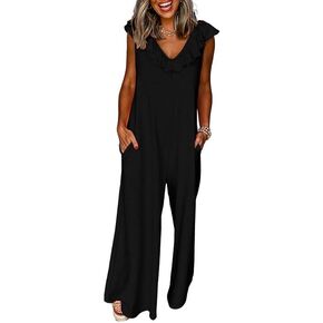 Happy Sailed Jumpsuits for Women Dressy Ruffle V Neck Sleeveless Jumpsuit Wide Leg Long Pant Overalls with Pockets