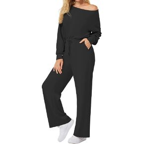 Casei Women's Off The Shoulder Wide Leg Jumpsuit with Long Sleeves and Pockets Dressy Casual Romper for Fall 2024