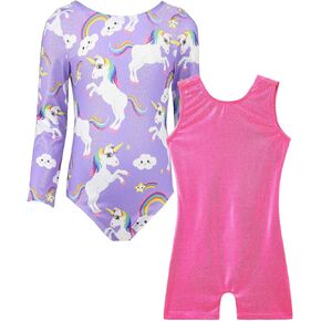 TENVDA Bundles of Gymnastics Leotards for Girls 3t 4t Sparkly Purple Unicorn and Hotpink Print Kids Tumbling Outfit