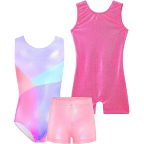 TENVDA Bundles of Gymnastics Leotards for Girls 4t 5t Hotpink Stars Print and Pink Blue Tumbling Outfit