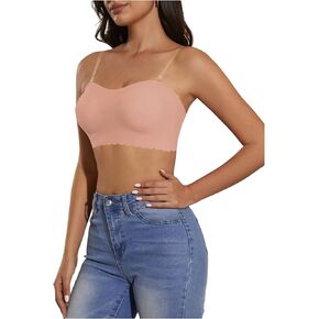 OYOANGLE Women's Scallop Trim Strapless Bandeau Bra Non Slip Padded Wireless Bralettes with Clear Straps
