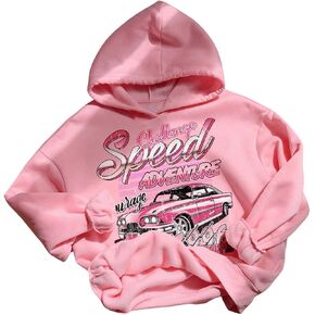 WDIRARA Girl's Car Letter Graphic Hoodie Hooded Sweatshirt Long Sleeve Pullovers Loose Top