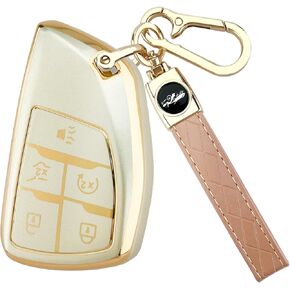 for Chevy Key Fob Cover with Keychain, Soft TPU Full Protection Car Key Case Compatible with Chevy 2021 2022 2023 2024 2025 Tahoe Sierra Suburban GMC Yukon Denali Silverado, 5 Buttons, Gold
