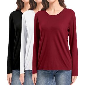3-Pack Cotton Long/Short Sleeve T Shirts Womens Workout Tops for Ladies Tshirts Basic Fitted Plain Tee Crew Neck