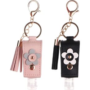 2 Packs Hand Sanitizer Keychain, portable mini hand sanitizer gel holder keychain travel size bottle, hand sanitizer holder keychain cute, durable hand sanitizer portable leathe (Blackl、Pink)