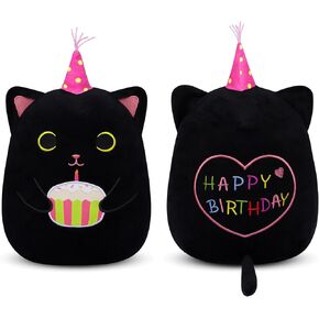 Black Cat Plush, 8 inch Happy Birthday Cat Stuffed Animal with Cake, Cute Plush Kitten Birthday Gift for Girls, Boys and Cats, Home Room Decoration
