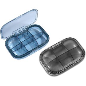2 Pack 6 Compartment Pill Box, Moisture Proof Pill Case, Travel Pill Organizer for Pocket Purse, Daily Portable Medicine Vitamin Box, Fish Oil Box, Supplement Box (Blue & Black)