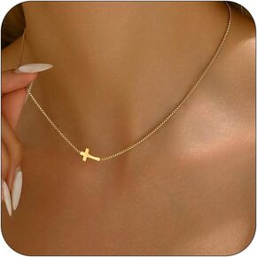 Cross Necklace for Women 18K Gold Plated Dainty Tiny Sideways Cross Choker Necklace Adjustable Stainless Steel Trendy Faith Jewelry