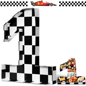 Mifoci 13.7" Race Car Cardboard Fillable Number Box for Charcuterie Fast Birthday Party Decor 1st 2nd 3rd 5th Number Shaped Box Black and White Checkered Snack Paper Mache Tray for Party Supplies (1)