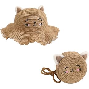 Girl Summer Wide Brim Floppy Beach Sun Hat Cute Straw Hat Woven Pocket with Cat Ears Suit for Outdoor Activities